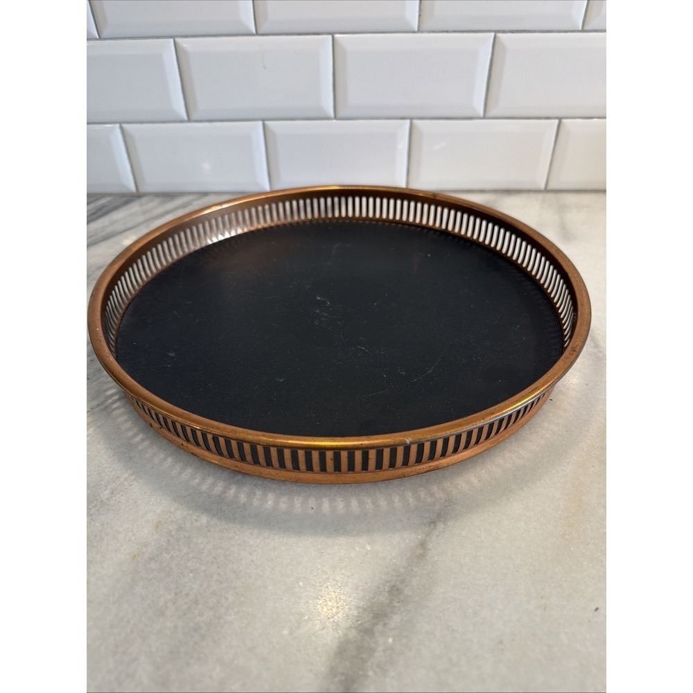 Coppercraft Guild 13" Round Barware Serving Tray Faux Leath Vintage Copper ES053